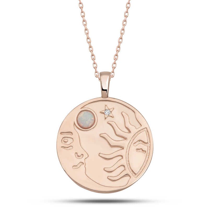 Silver Rose Opal White Stone Moon Sun Women’s Necklace