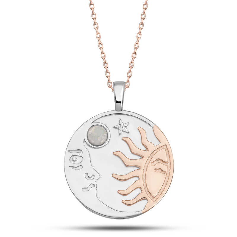 Silver Rose Opal White Stone Moon Sun Women’s Necklace