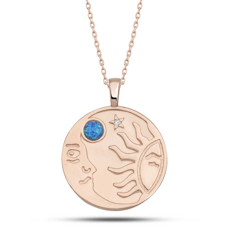 Silver Rose Opal Blue Stone Moon Sun Women’s Necklace