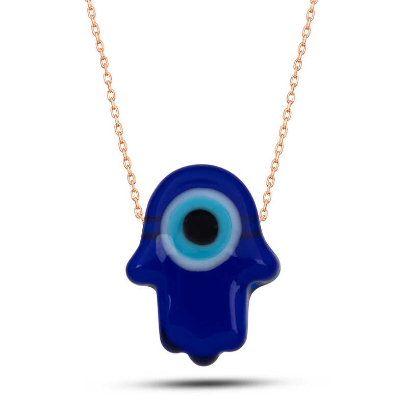 Silver Rose Blue Evil Eye Glass Fatima Hand Women’s Necklace