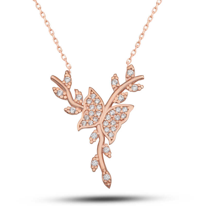Silver Rose Butterfly on a Branch Women’s Necklace