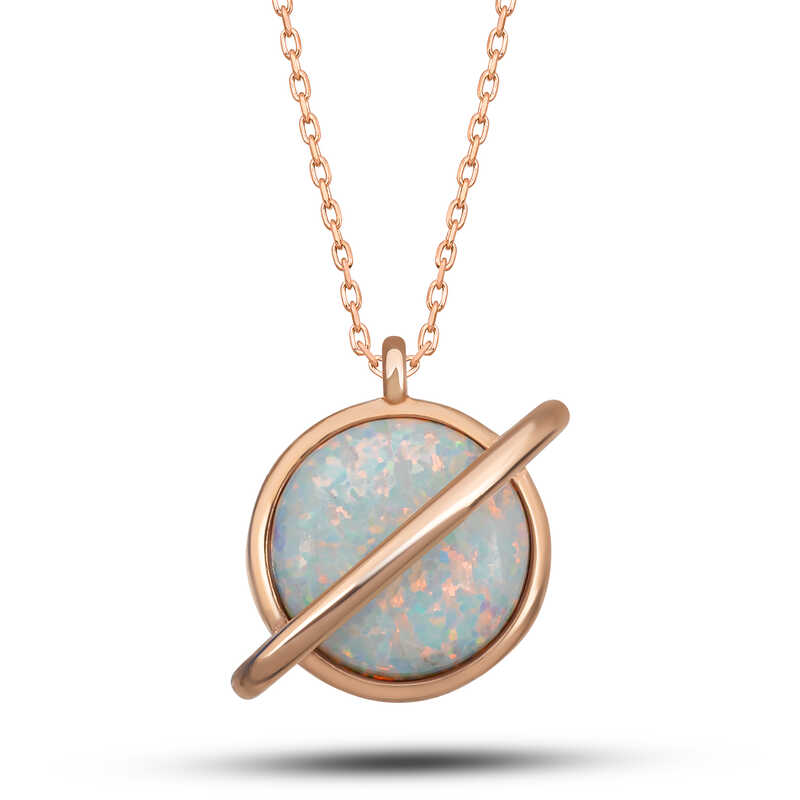 Silver Rose Opal Stone Planet Women’s Necklace