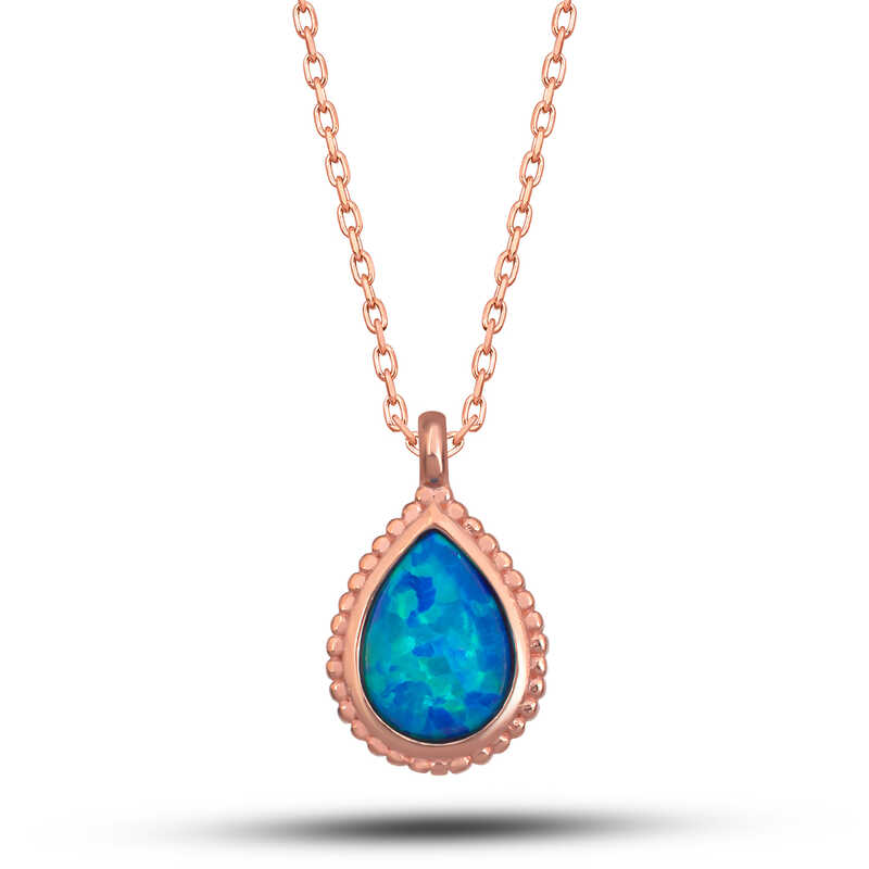 Silver Rose Drop Blue Opal Stone Women’s Necklace
