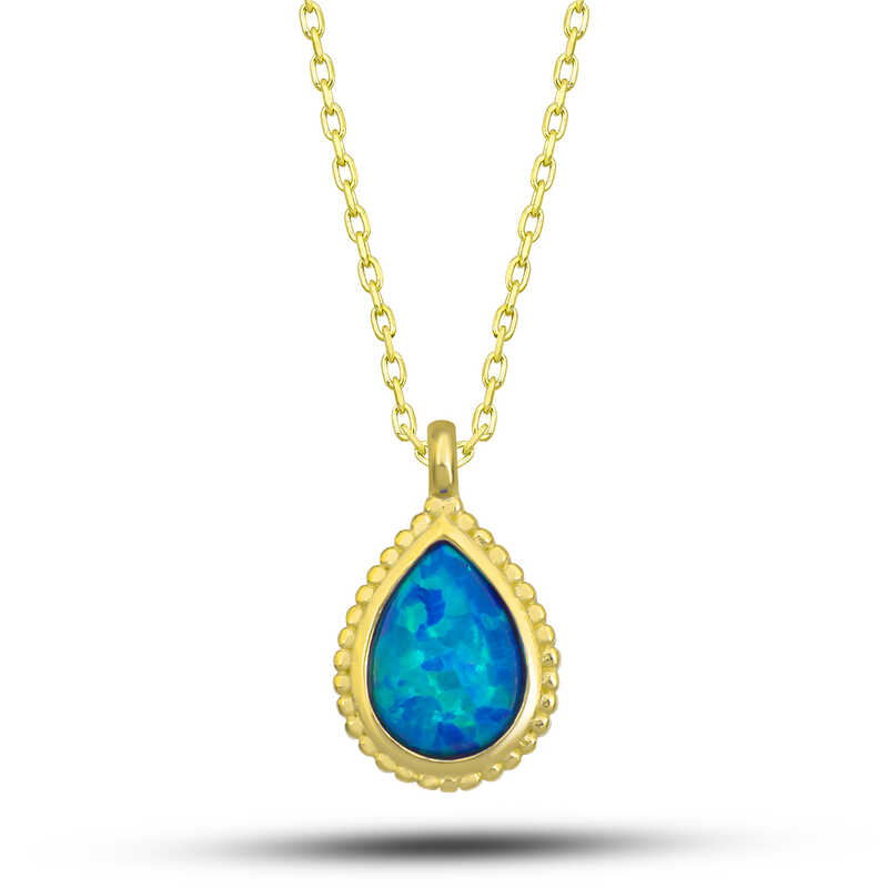 Silver Gold Drop Blue Opal Stone Women’s Necklace