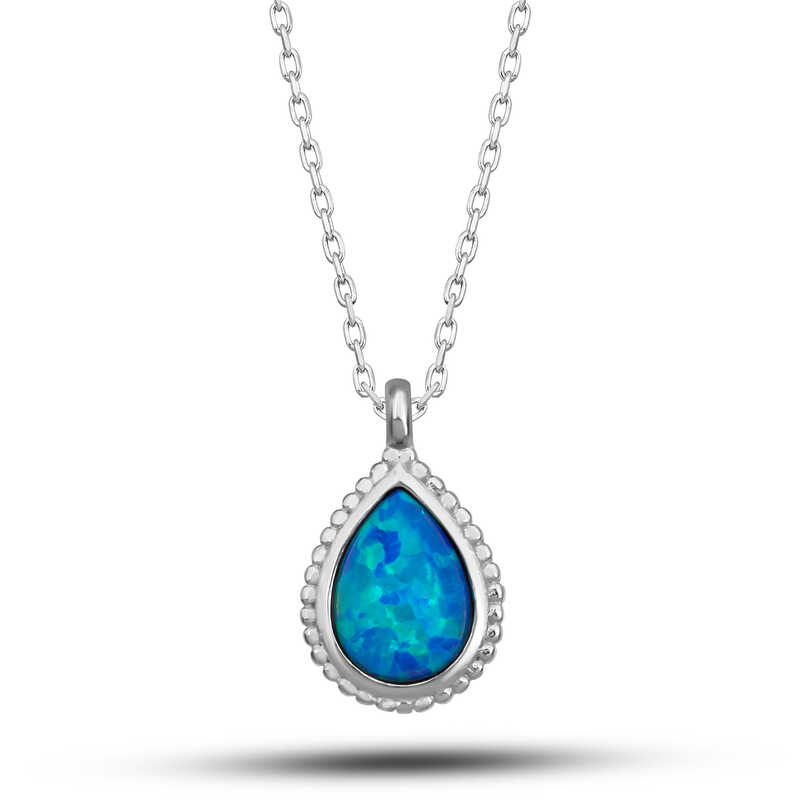 Silver Drop Blue Opal Stone Women’s Necklace
