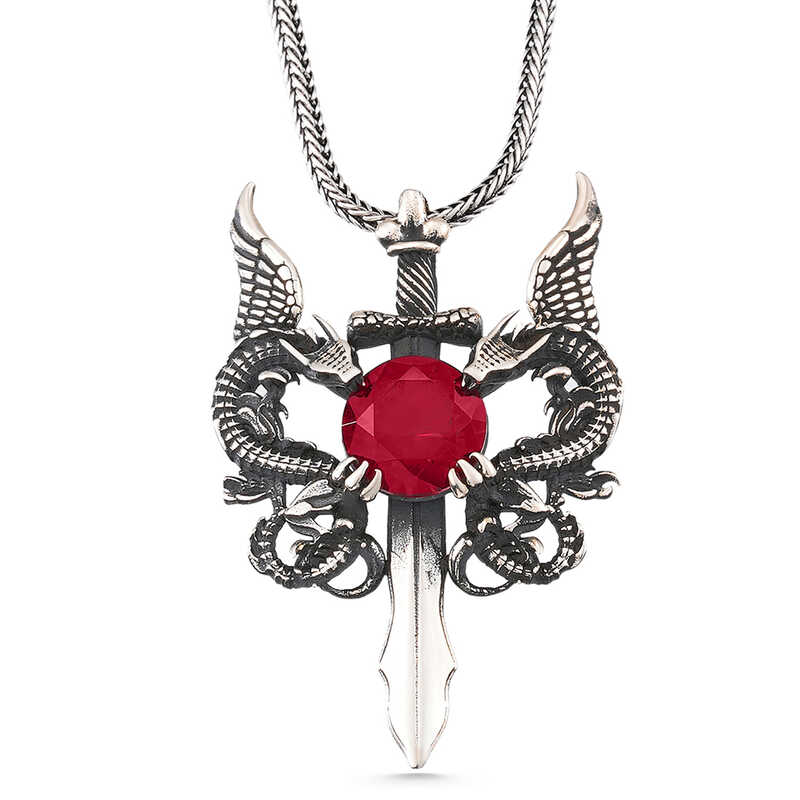 Silver Red Stone Dragon Men’s Sword Necklace