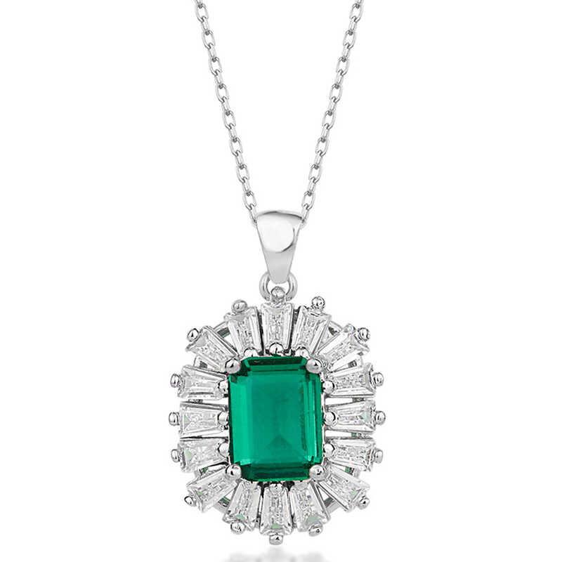 Silver Diamond Mounted Emerald Stone Women’s Necklace