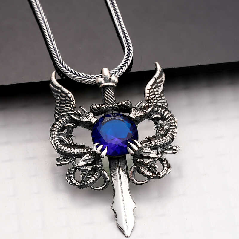 Silver Blue Stone Dragon Men’s Sword Necklace