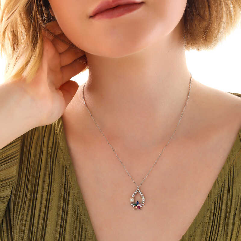 Silver Colored Stone-set Floral Women's Necklace