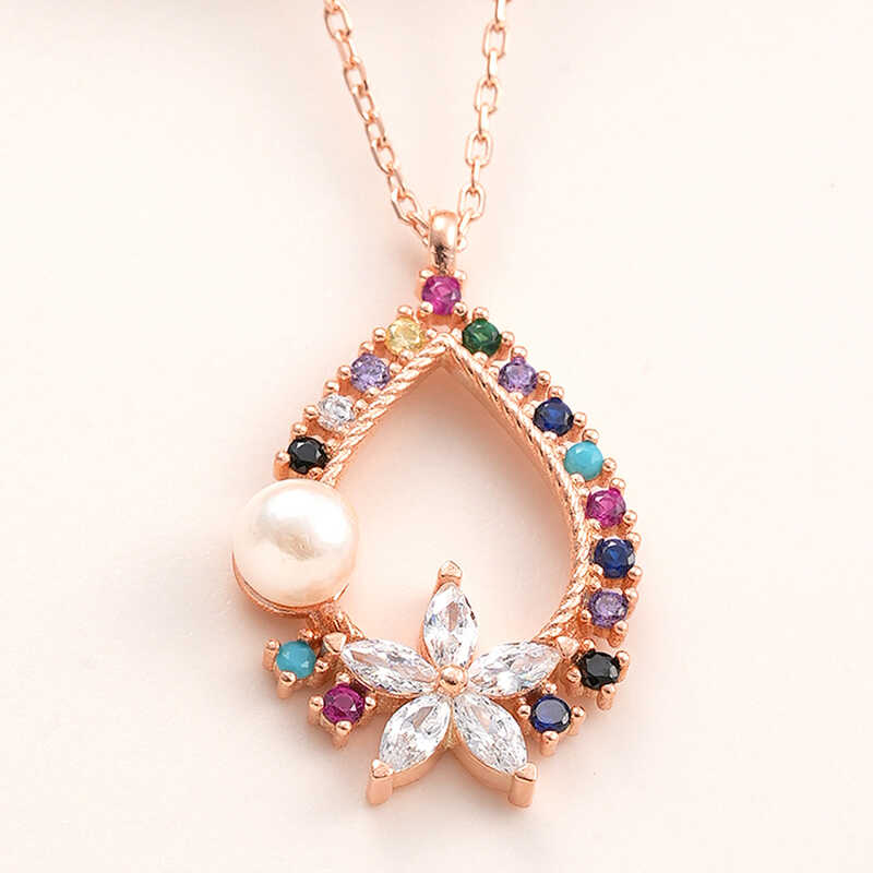 Silver Rose Colored Stone-set Floral Women's Necklace