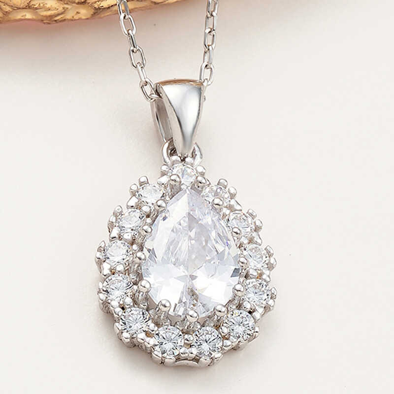 Silver Drop Zircon Stone-set Women's Necklace