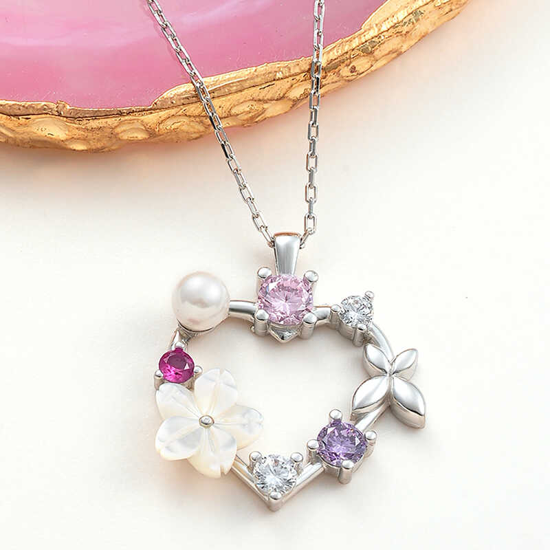 Silver Heart Manolya Flower Butterfly Women's Necklace