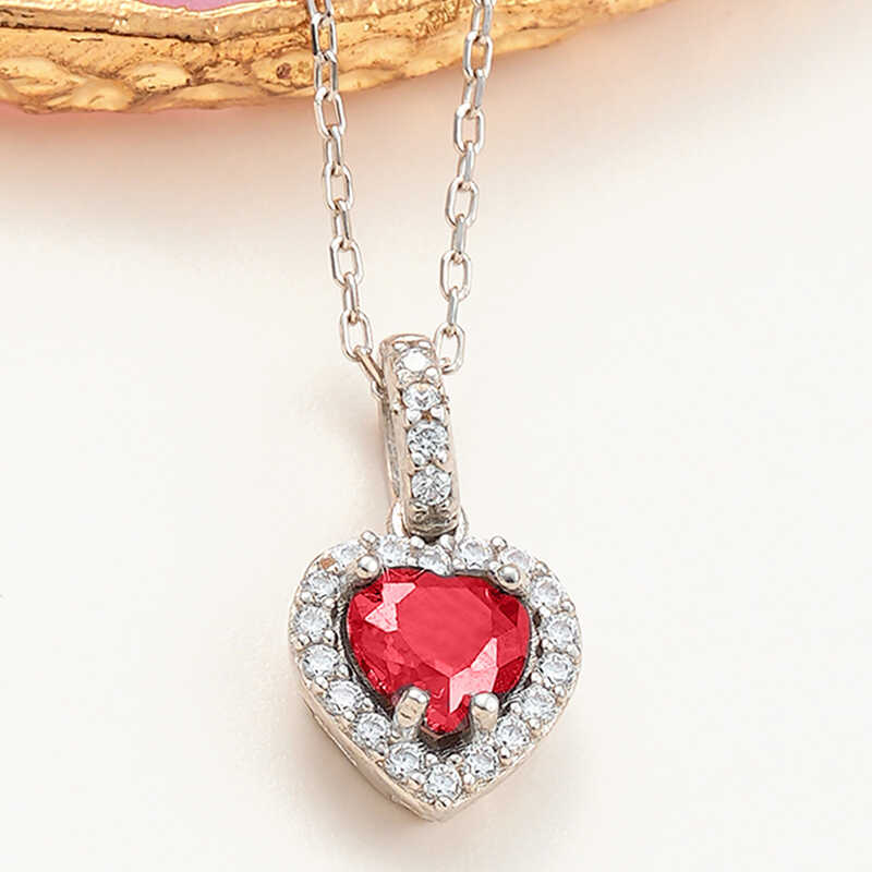 Silver Red Stone-set Heart Women's Necklace
