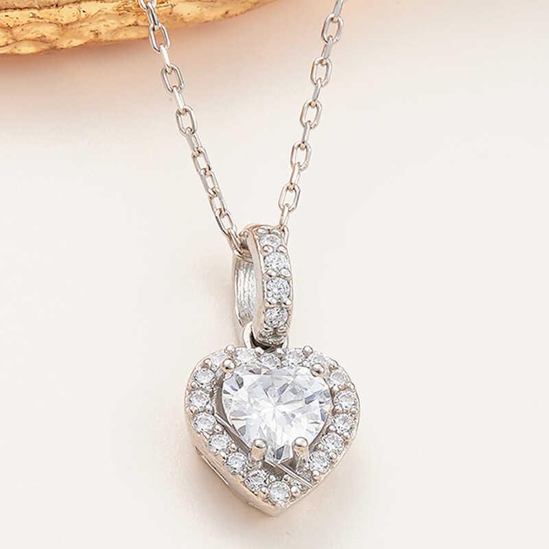 Silver White Stone-set Heart Women's Necklace