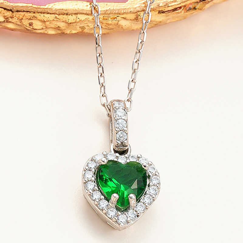 Silver Green Stone-set Heart Women's Necklace