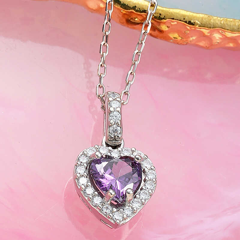 Silver Purple Stone-set Heart Women's Necklace
