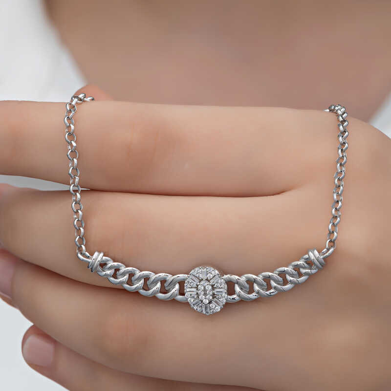 Silver Gourmette Chain Oval Baguette Stone-set Women's Necklace