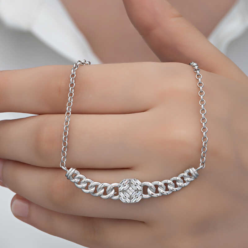 Silver Gourmette Chain Square Baguette Stone-set Women's Necklace