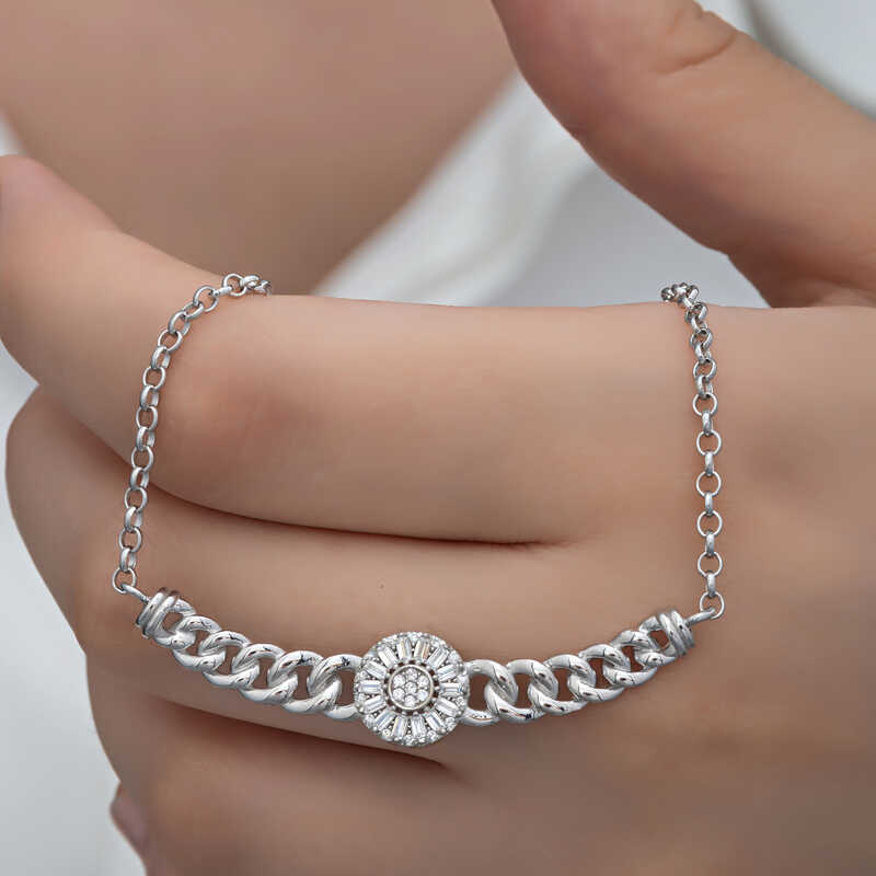 Silver Gourmette Chain Round Baguette Stone-set Women's Necklace
