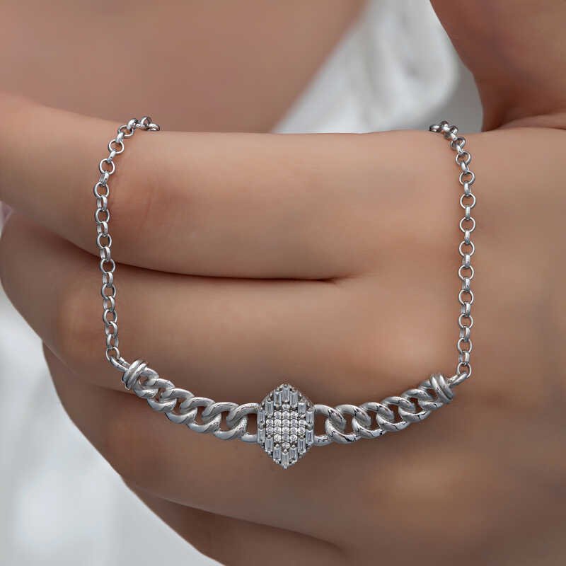 Silver Gourmette Chain Baguette Stone-set Women's Necklace