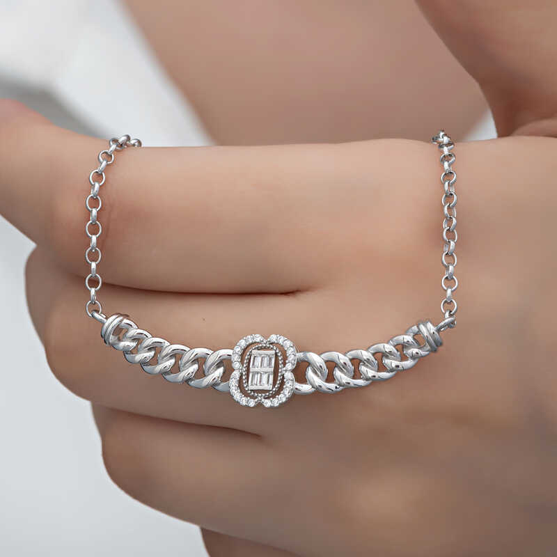 Silver Gourmette Chain Baguette Stone-set Women's Necklace