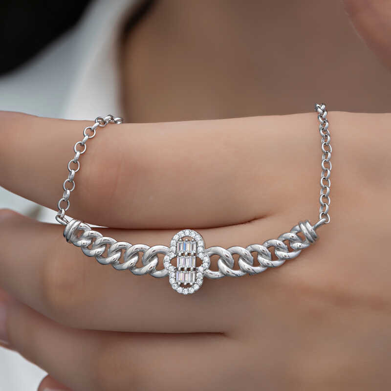 Silver Gourmette Chain Fatma Ana Eli Baguette Stone-set Women's Necklace