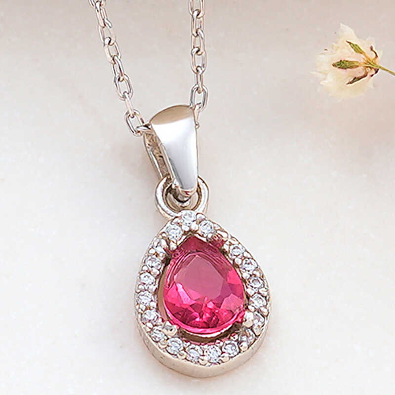 Silver Pink Drop Zircon Stone-set Women's Necklace