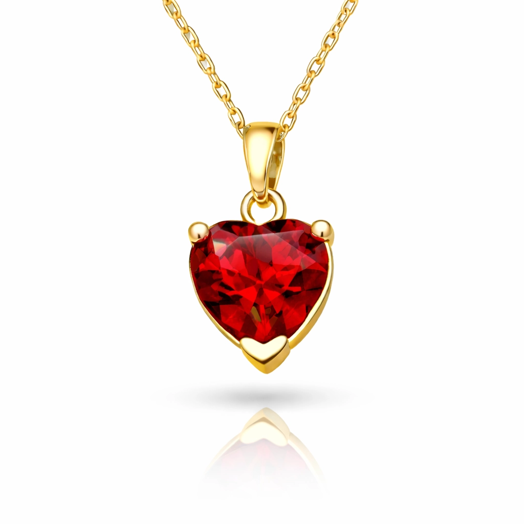 Silver Gold Red Stone-set Heart Women's Necklace