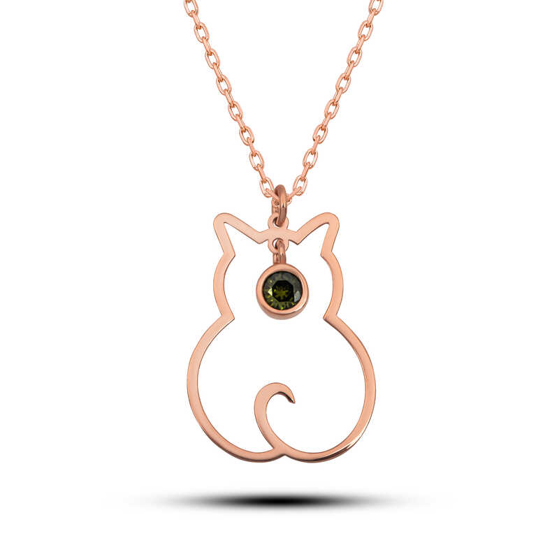 Silver Ağustos Bear Birth Stone Cat Women's Necklace