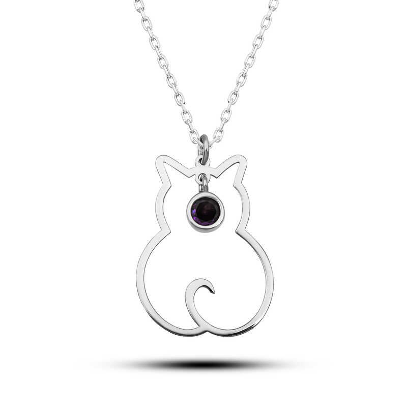 Silver Şubat Bear Birth Stone Cat Women's Necklace