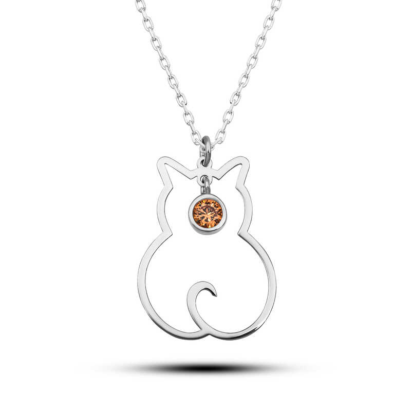 Silver Kasım Bear Birth Stone Cat Women's Necklace