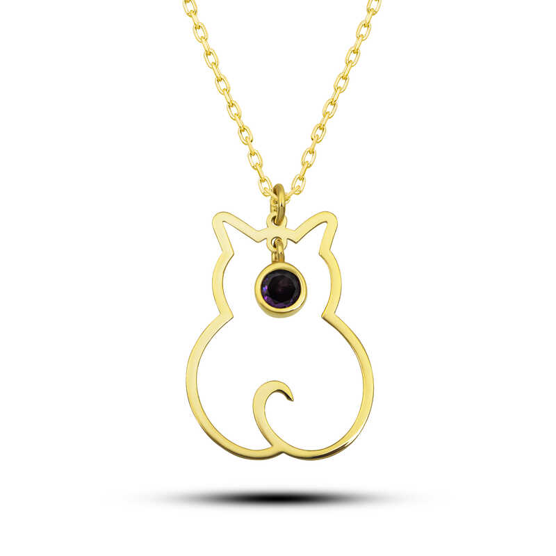 Silver Şubat Bear Birth Stone Cat Women's Necklace