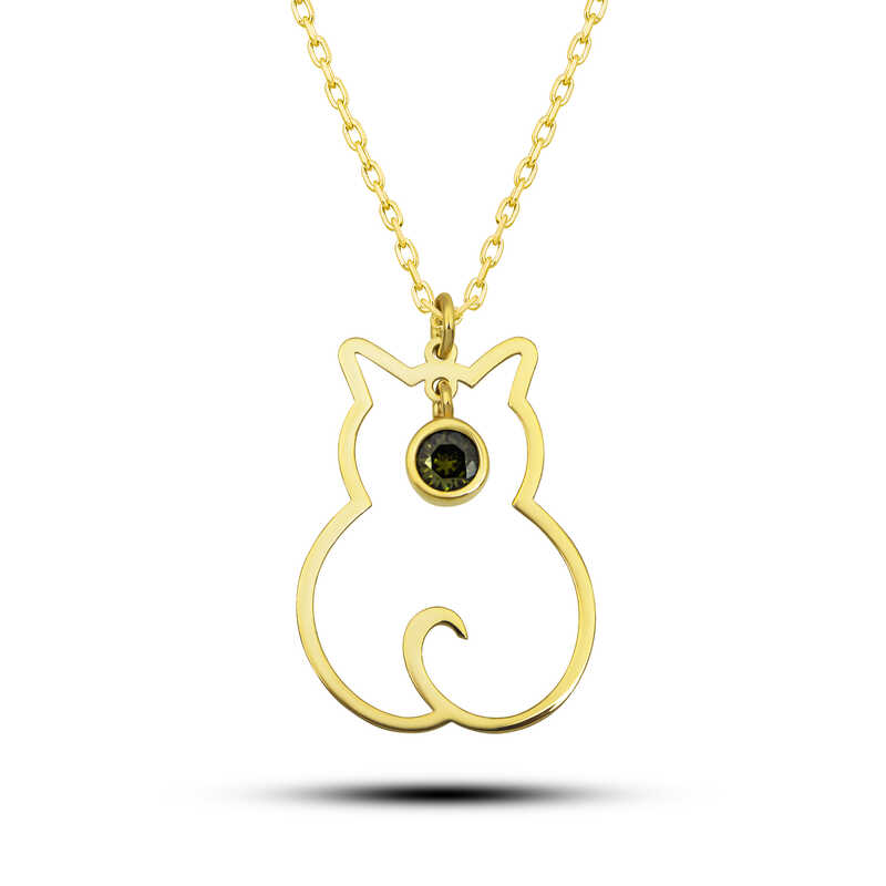 Silver Ağustos Bear Birth Stone Cat Women's Necklace
