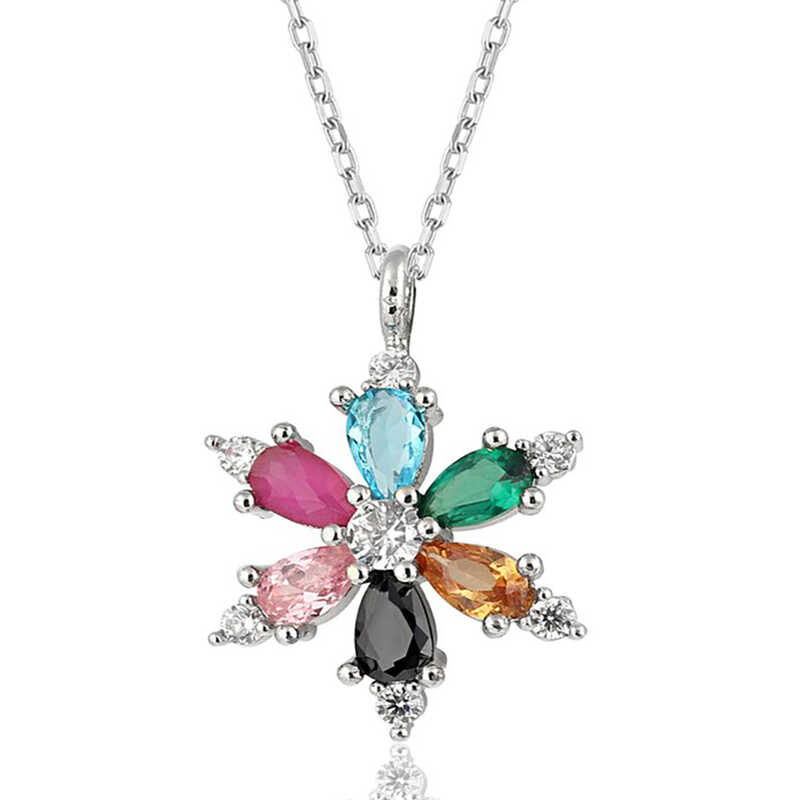 Silver Mix Stone-set Lotus Flower Women's Necklace