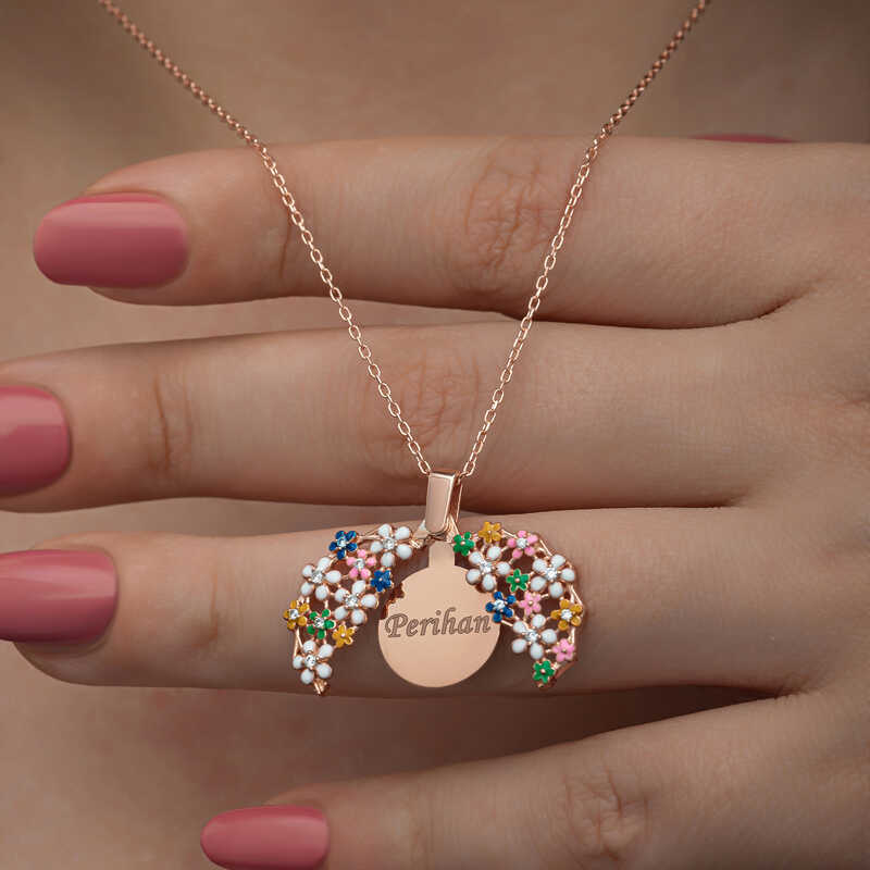 Silver Rose Colored Flower Personalized Women's Necklace