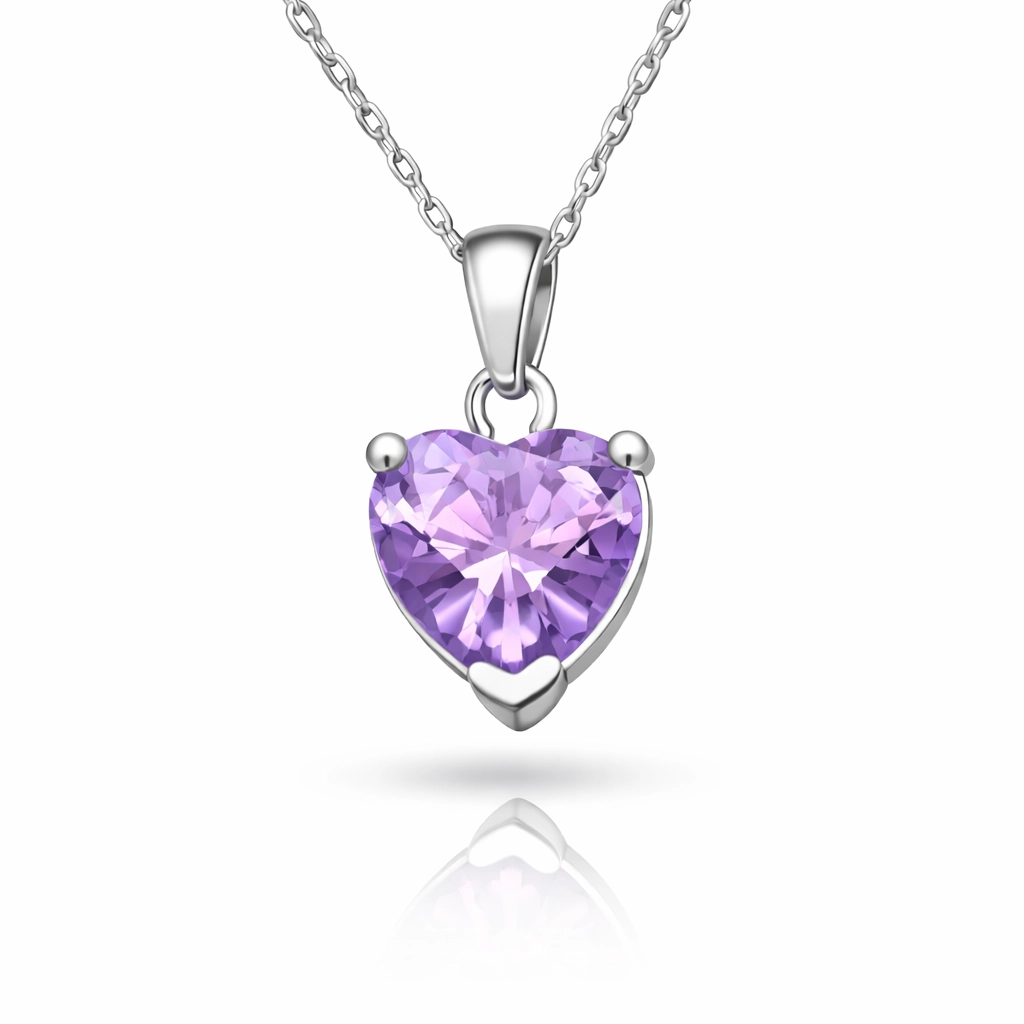 Silver Pink Stone-set Heart Women's Necklace