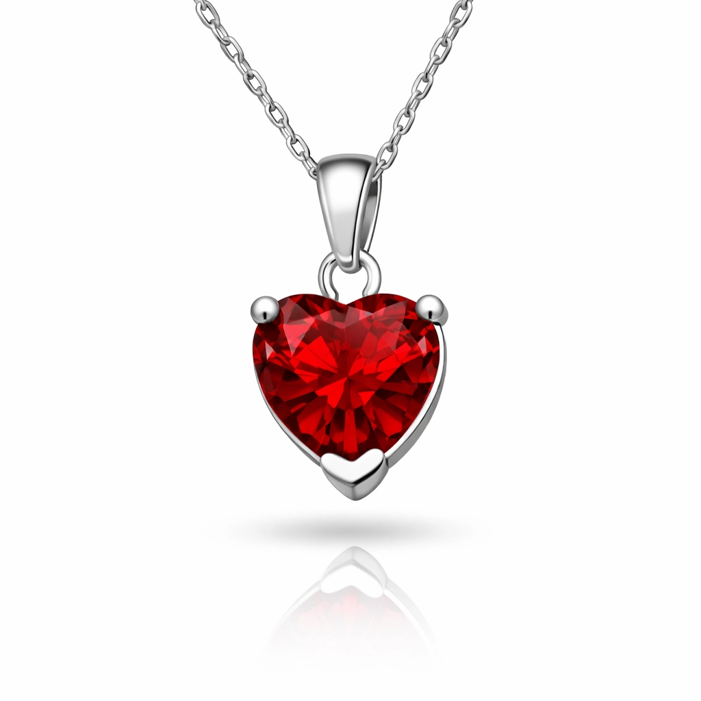 Silver Red Stone-set Heart Women's Necklace