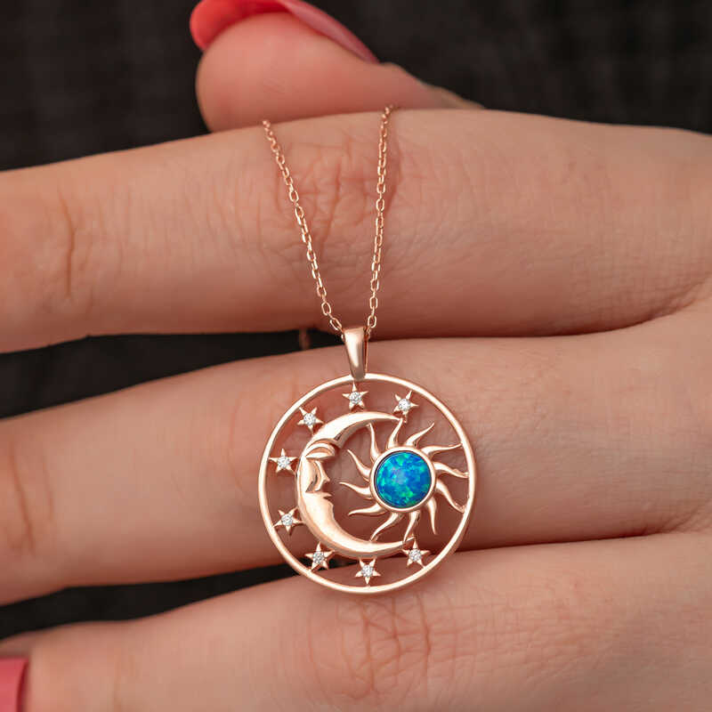 Silver Rose Opal Blue Stone Moon Sun Women’s Necklace
