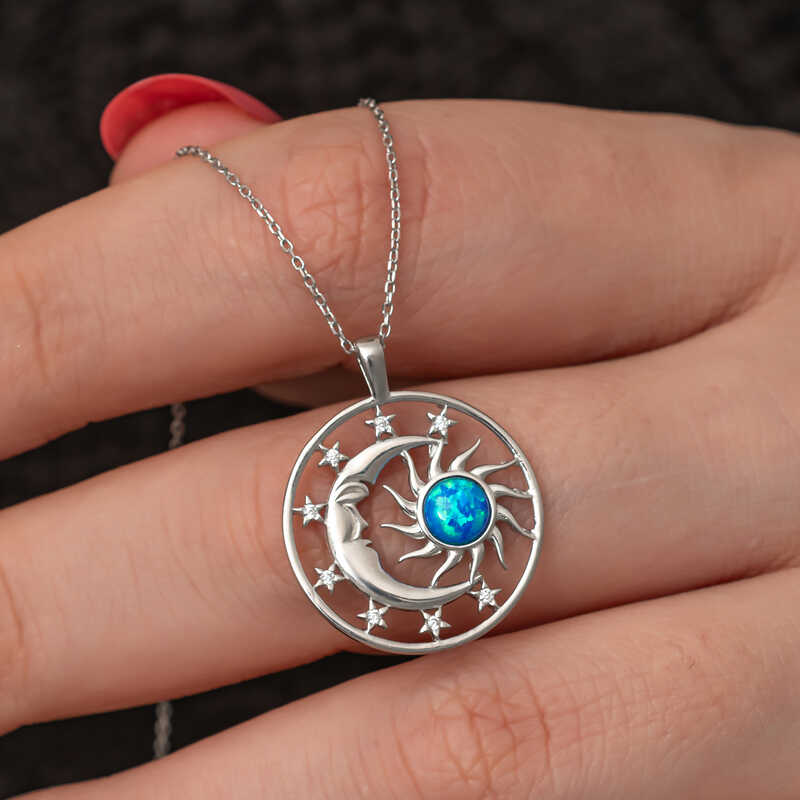 Silver Opal Blue Stone Moon Sun Women’s Necklace