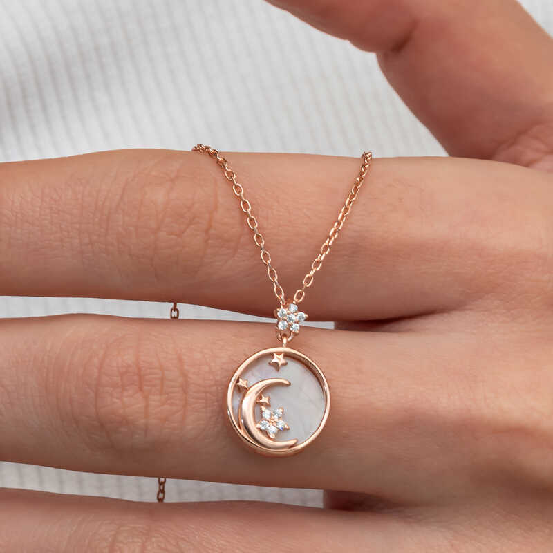 Silver Rose Mother of Pearl Stone Crescent Star Women’s Necklace