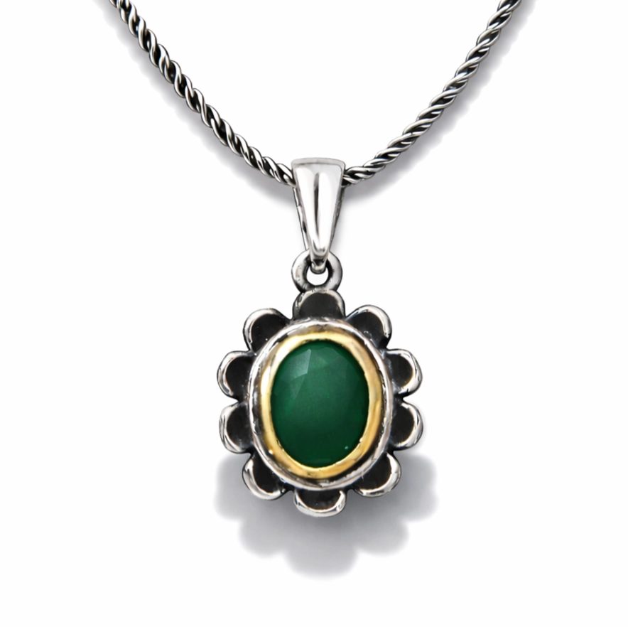Silver Green Flower Patterned Authentic Women’s Necklace