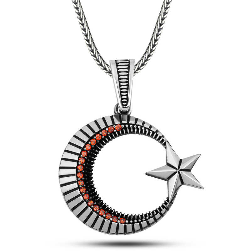 Silver Zircon Stone Crescent Star Men’s Necklace
