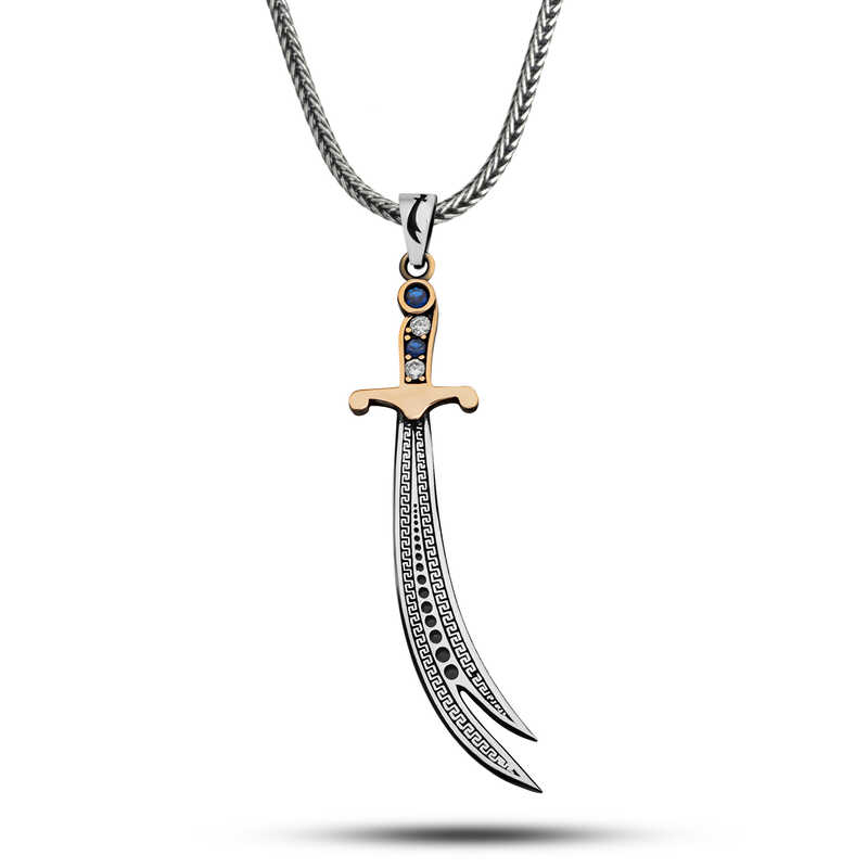Silver Zircon Stone Zulfiqar Sword Men’s Necklace