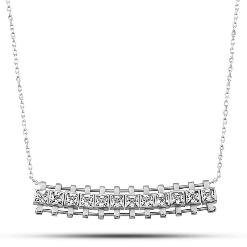 Silver Zircon Stone Square Bar Women’s Necklace