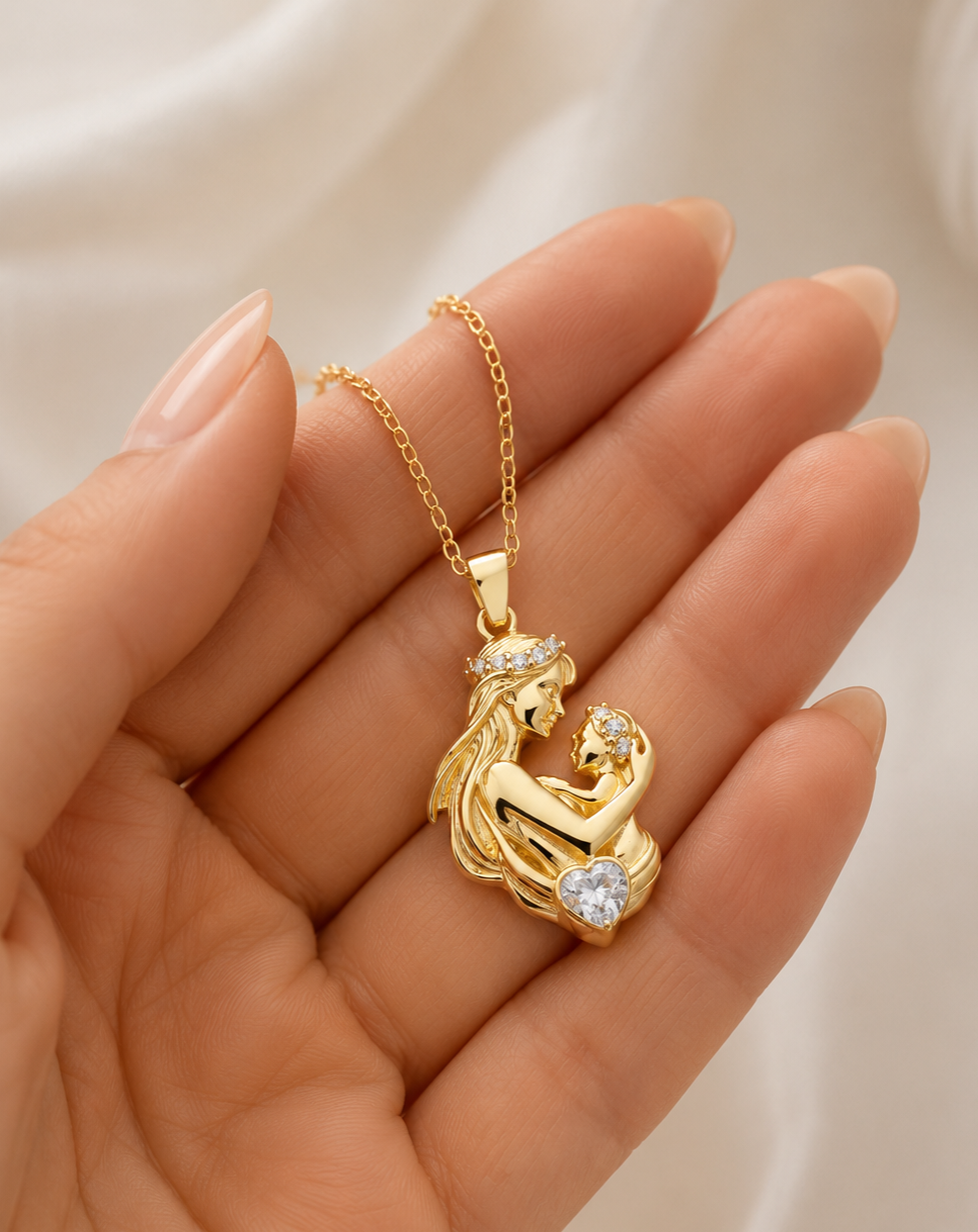 925 Sterling Silver Gold Plated Mother & Baby Heart Necklace