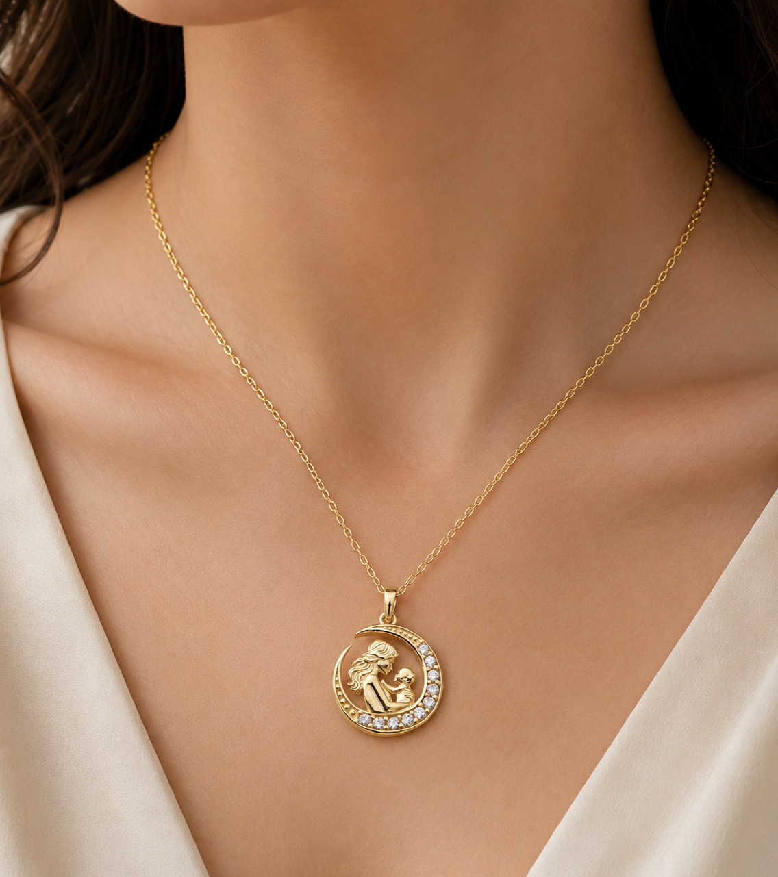 925 Sterling Silver Gold Plated Mother & Baby Crescent Necklace