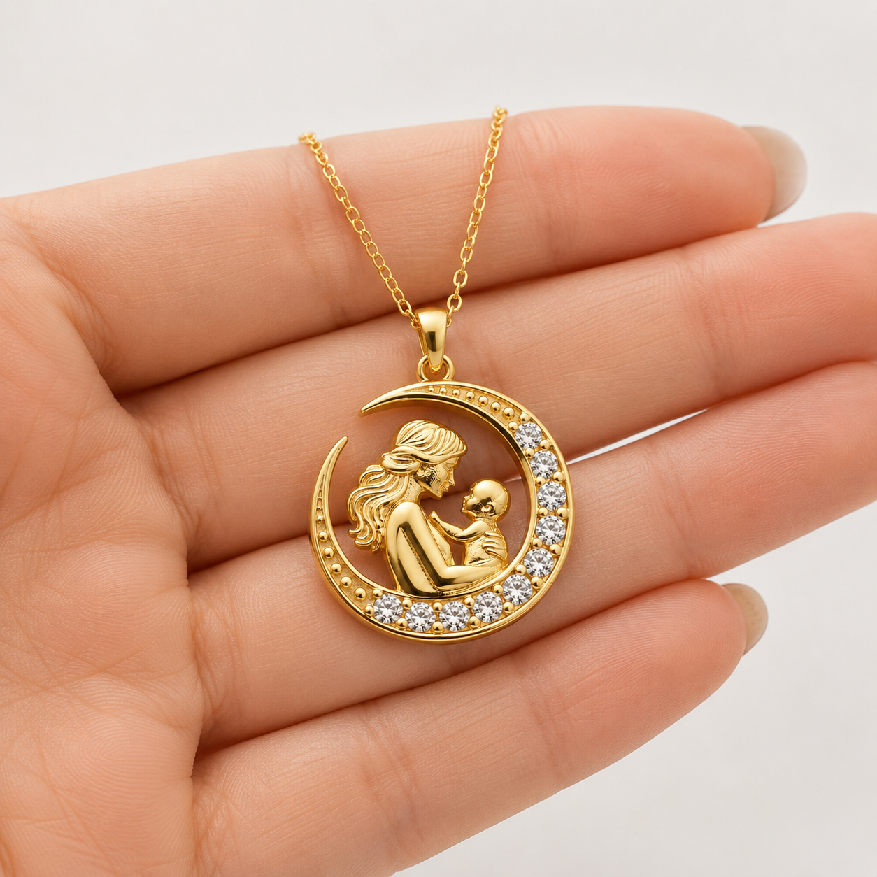 925 Sterling Silver Gold Plated Mother & Baby Crescent Necklace