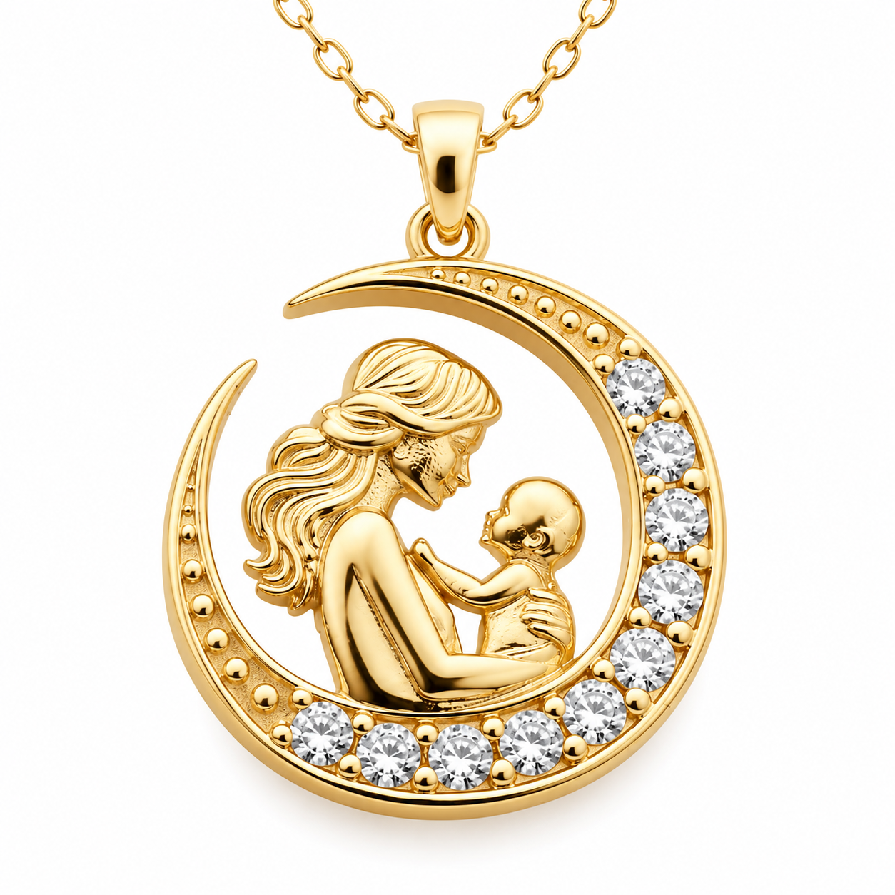 925 Sterling Silver Gold Plated Mother & Baby Crescent Necklace