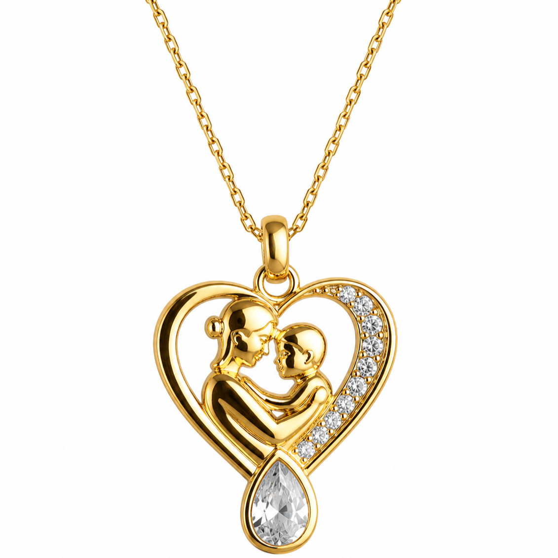 925 Sterling Silver Mother and Baby Heart Necklace with Teardrop Stone