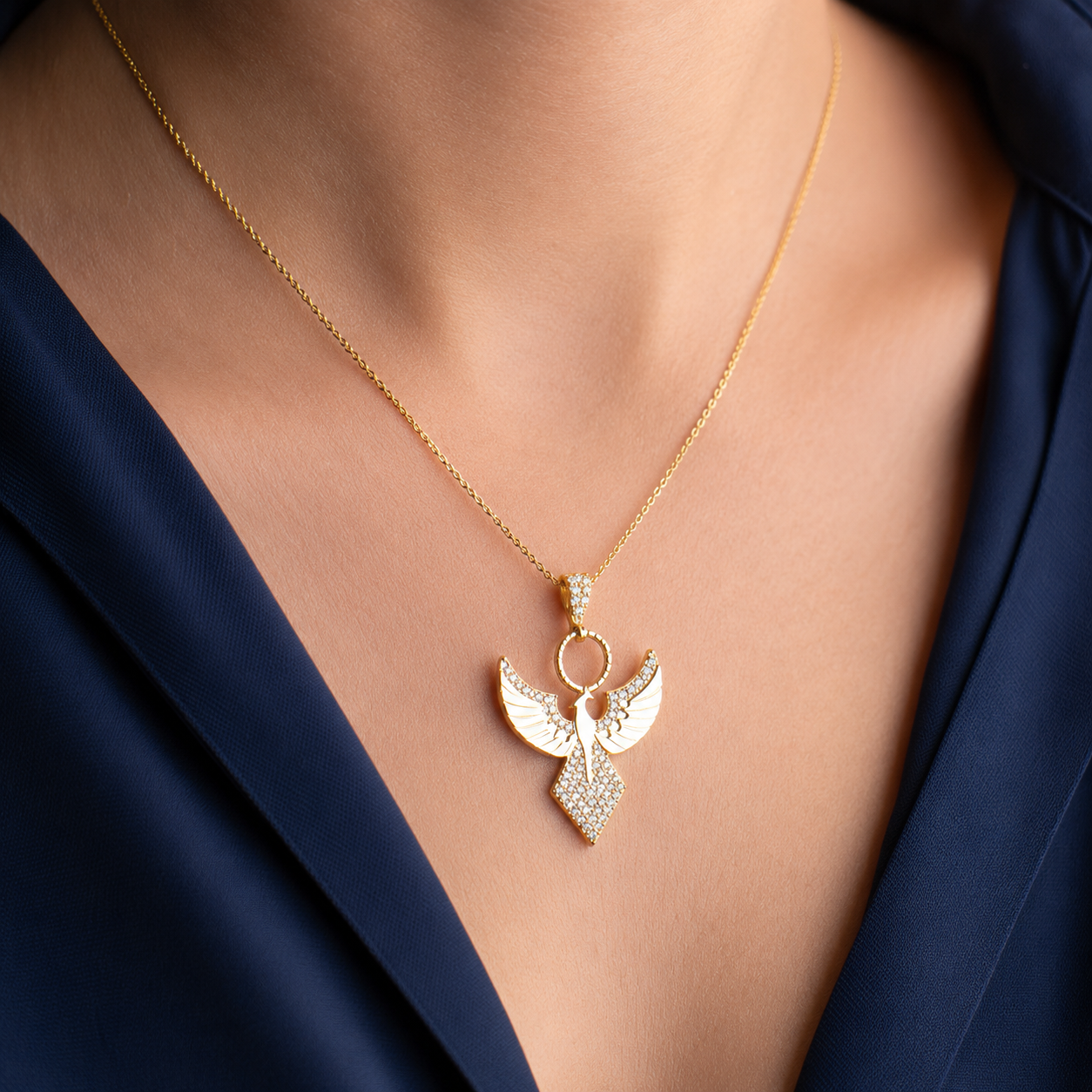 925 Sterling Silver Gold Plated Phoenix Necklace with Zircon Stones